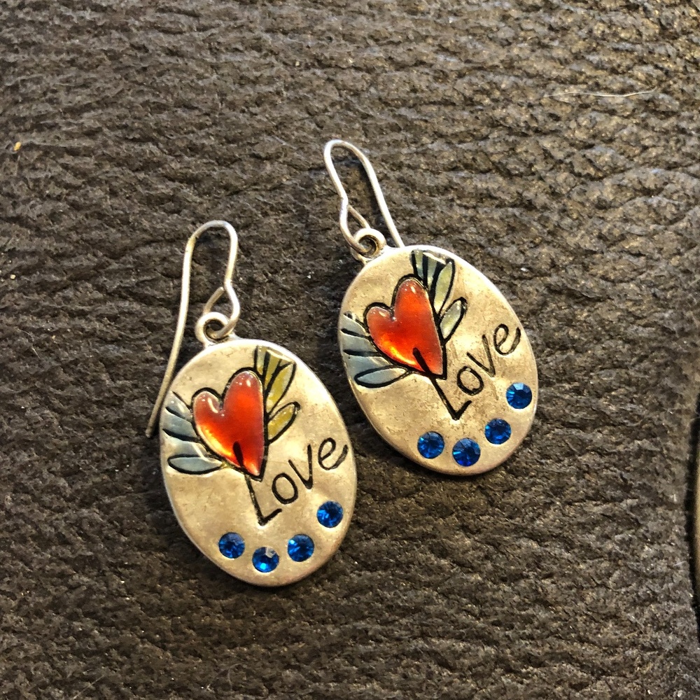 Sweet "Love" Earrings with Red Heart and  Blue Rhinestones